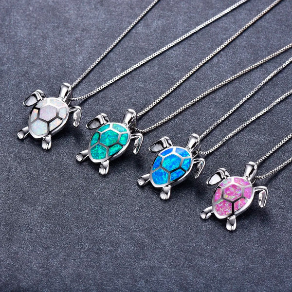 Silver Plated Opal Turtle Necklace