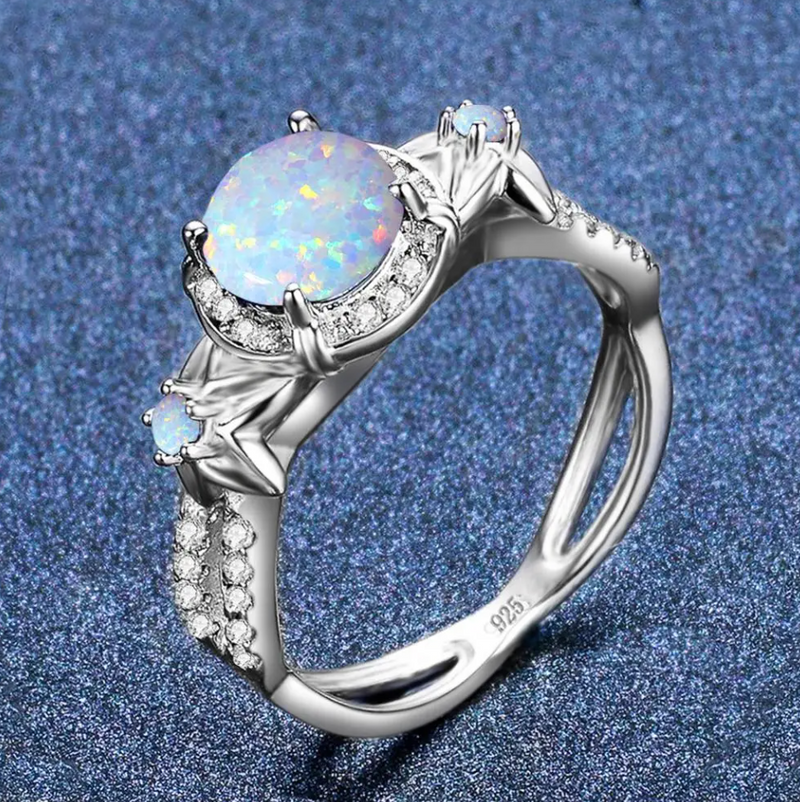 Sterling Silver Opal Moon Ring - Silk & Cotton