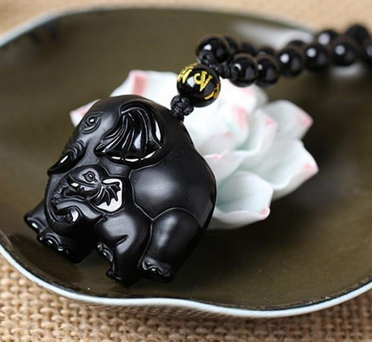 Obsidian Elephant Amulet - Silk & Cotton