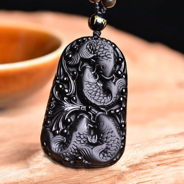 Koi Fish Obsidian Amulet - Silk & Cotton