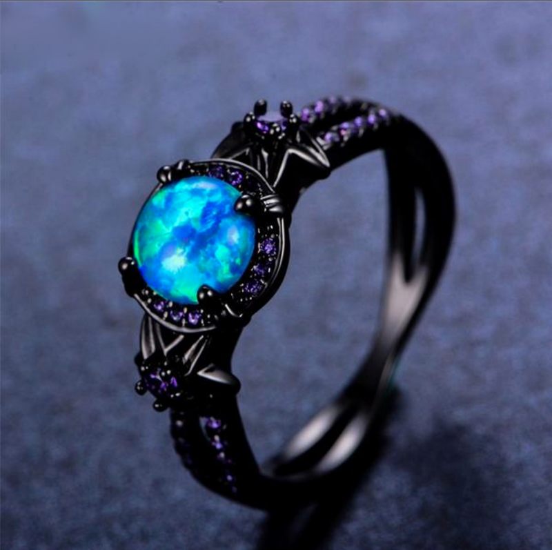Blue Fire Opal Moon Ring