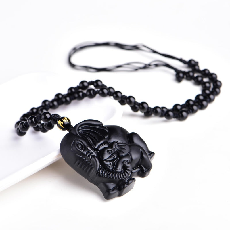 Obsidian Elephant Amulet - Silk & Cotton